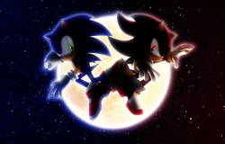 Size: 2500x1600 | Tagged: safe, artist:nibroc-rock, shadow the hedgehog, sonic the hedgehog, sonic adventure 2, 2019, 3d, duo, frown, looking at viewer, mid-air, moon, nighttime, outdoors, redraw, smile, soap shoes, star (sky), wallpaper