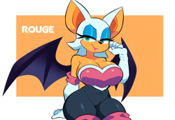 Size: 1216x832 | Tagged: suggestive, ai art, artist:novelai, rouge the bat, abstract background, busty rouge, character name, cleavage, looking at viewer, prompter:mullon, rouge's heart top, smile, standing