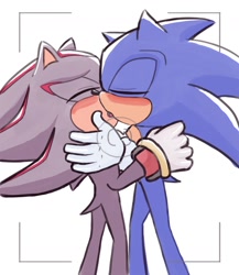 Size: 1080x1246 | Tagged: safe, artist:elyurias3, shadow the hedgehog, sonic the hedgehog, 2024, blushing, camera, duo, eyes closed, french kiss, gay, holding each other, kiss, shadow x sonic, shipping, standing