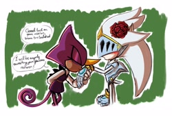 Size: 2048x1388 | Tagged: safe, artist:kittkattys, espio the chameleon, silver the hedgehog, 2024, bending over, blushing, dialogue, duo, english text, eyes closed, gay, kiss on hand, knight armor, looking at them, shipping, silvio, sir galahad, speech bubble, standing