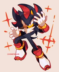 Size: 1500x1808 | Tagged: safe, artist:constellor, shadow the hedgehog, 2024, beige background, frown, looking at viewer, signature, simple background, solo