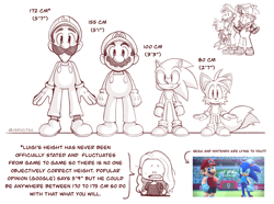 Size: 1924x1429 | Tagged: safe, artist:verocitea, miles "tails" prower, sonic the hedgehog, fox, hedgehog, human, 2024, carrying them, crossover, english text, group, height comparison, height difference, luigi, mario, mario & sonic at the olympic games, monochrome, reference inset, simple background, white background