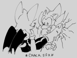 Size: 533x402 | Tagged: dead source, safe, artist:urunclesonic, rouge the bat, sonic the hedgehog, 2023, comic, duo, english text, grey background, greyscale, kicking, monochrome, sfx, simple background, top surgery scars, trans male, transgender, wall