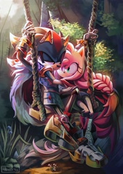 Size: 2896x4096 | Tagged: safe, artist:iubworks, amy rose, shadow the hedgehog, 2024, alternate universe, amy x shadow, commission, daytime, duo, outdoors, straight, swing