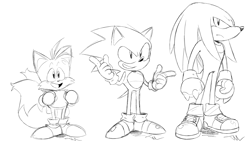 Size: 3840x2160 | Tagged: safe, artist:justin61894350, knuckles the echidna, miles "tails" prower, sonic the hedgehog, 2024, frown, full body, greyscale, monochrome, simple background, sketch, smile, standing, team sonic, trio, white background