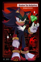 Size: 671x1000 | Tagged: safe, artist:aze_mtz0, shadow the hedgehog, 2024, chaos emerald, character name, shadow's logo, solo, standing