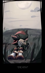 Size: 891x1443 | Tagged: safe, artist:grylum, shadow the hedgehog, 2024, daytime, death, english text, eyes closed, holding something, outdoors, sad, sitting, skull, solo