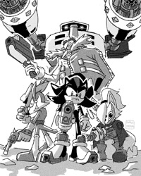 Size: 960x1200 | Tagged: safe, artist:dorefatum, e-123 omega, nack the weasel, robotnik, shadow the hedgehog, whisper the wolf, human, 2024, greyscale, group, gun, holding something, monochrome, pointing gun at viewer, robot, simple background, standing, variable wispon, white background, wispon