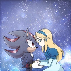 Size: 1500x1500 | Tagged: safe, artist:ku0ma0, maria robotnik, shadow the hedgehog, hedgehog, human, 2024, duo, holding hands, looking at each other, star (sky)