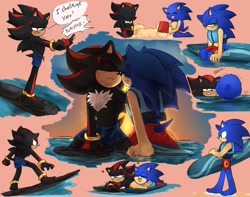 Size: 2048x1617 | Tagged: safe, artist:shu_0696, shadow the hedgehog, sonic the hedgehog, 2024, beach outfit, bucket, dialogue, duo, gay, heart, life jacket, ocean, outdoors, pink background, sandcastle, shadow x sonic, shadowbetes, shipping, simple background, sitting, smile, sonabetes, speech bubble, sunset, surfboard, surfing