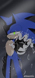 Size: 944x2048 | Tagged: safe, artist:fiiiiish91314, sonic the hedgehog, 2024, broken glass, fourth wall break, glowing eyes, lidded eyes, looking at viewer, reaching towards the viewer, signature, smile, smirk, solo, standing