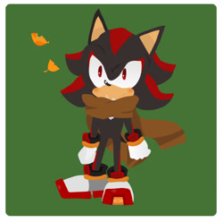 Size: 560x555 | Tagged: safe, artist:emera_bl, shadow the hedgehog, 2023, border, green background, leaf, scarf, simple background, solo, standing, white border