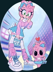 Size: 1506x2048 | Tagged: safe, artist:historiaallen, amy rose, chao, 2023, alternate outfit, amy chao, amybetes, character chao, cute, duo, heart, sanrio