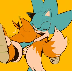 Size: 1100x1087 | Tagged: safe, artist:oo_oo_ll_ll, miles "tails" prower, sonic the hedgehog, 2024, duo, hugging, looking at them, simple background, smile, tan nose, wink, yellow background, yellow shoes