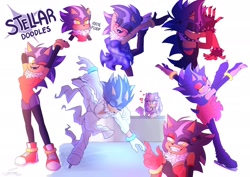 Size: 2048x1448 | Tagged: safe, artist:lunatic_doodles, oc, oc:camellia the cat, oc:stellar the hedgehog, cat, hedgehog, 2024, alternate outfit, blushing, camilla x stellar, character name, clothes, dancing, dress, duo, english text, fankid, heart, ice, ice skates, ice skating, lesbian, parent:shadow, parent:sonic, parents:sonadow, shipping, smile, solo focus, standing, stretching