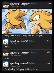 Size: 1394x1858 | Tagged: safe, artist:vulcan-moon, shadow the hedgehog, sonic the hedgehog, super sonic, 2024, duo, english text, fake screenshot, meme, shadow x sonic, shipping, shipping denied, super form, top surgery scars, trans boy sonic, trans male, transgender