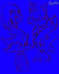 Size: 2000x2500 | Tagged: safe, artist:sainttufa, knuckles the echidna, miles "tails" prower, shadow the hedgehog, sonic the hedgehog, 2020, blue background, group, monochrome, shirt, simple background