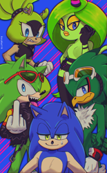 Size: 1089x1760 | Tagged: safe, artist:kuchintta, jet the hawk, scourge the hedgehog, sonic the hedgehog, surge the tenrec, zeena, zeti, 2023, blue background, group, lidded eyes, middle finger, tongue out