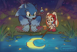 Size: 1960x1330 | Tagged: safe, artist:maareyas, cheese (chao), cream the rabbit, sonic the hedgehog, chao, 2024, basket, crouching, little red riding hood, moon, nighttime, outdoors, reflection, sonic the werehog, stick, trio, water, were form, werehog