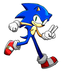 Size: 751x875 | Tagged: safe, artist:twipsai, sonic the hedgehog, 2024, clenched fist, looking at viewer, running, simple background, smile, solo, top surgery scars, trans male, transgender, v sign, white background