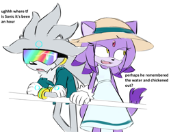 Size: 1091x842 | Tagged: safe, artist:twipsai, blaze the cat, silver the hedgehog, 2024, alternate outfit, blazer, dialogue, dress, duo, english text, hair down, hat, implied sonic, railing, simple background, standing, sun hat, sunglasses, white background