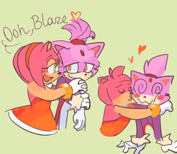 Size: 1280x1118 | Tagged: safe, artist:fikus345, amy rose, blaze the cat, 2024, amy x blaze, blushing, dialogue, duo, green background, heart, holding them, kiss on cheek, lesbian, lidded eyes, shipping, simple background, smile, swirly eyes