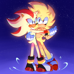 Size: 2000x2000 | Tagged: safe, artist:freys-dumpster-fire, shadow the hedgehog, sonic the hedgehog, super shadow, super sonic, 2024, blushing, duo, flying, frown, gay, gradient background, holding each other, holding hands, shadow x sonic, shipping, signature, smile, standing, star (sky), super form, sweatdrop