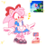 Size: 1280x1280 | Tagged: safe, artist:kestallia, amy rose, sonic the hedgehog, hedgehog, sonic superstars, 2024, alternate outfit, cake, food, hair bow, implied sonamy, lolita, reference inset, simple background, solo, standing, strawberry shortcake (food), sweet lolita, white background