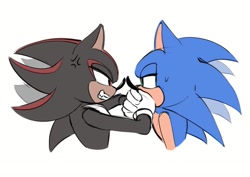 Size: 1280x905 | Tagged: safe, artist:churistine, shadow the hedgehog, sonic the hedgehog, covering another's mouth, cross popping vein, duo, gay, lidded eyes, looking at each other, shadow x sonic, shipping, simple background, sweatdrop, white background