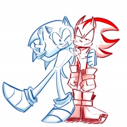 Size: 2048x2048 | Tagged: safe, artist:scribble0rat, shadow the hedgehog, sonic the hedgehog, arms folded, cute, duo, frown, gay, lidded eyes, looking at viewer, monochrome, pointing, shadow x sonic, shadowbetes, shipping, simple background, smile, sonabetes, standing, standing on one leg, white background