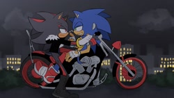 Size: 1920x1080 | Tagged: safe, artist:weiirddudee, shadow the hedgehog, sonic the hedgehog, abstract background, alternate outfit, city, clothes, duo, fingerless gloves, frown, gay, jacket, lidded eyes, looking at each other, motorcycle, nighttime, outdoors, shadow x sonic, shipping, sitting, smile