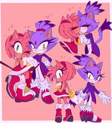 Size: 1125x1227 | Tagged: safe, artist:glitchedcosmos, amy rose, blaze the cat, amy x blaze, blowing a kiss, blushing, border, cute, duo, eyes closed, heart, holding hands, kiss, lesbian, looking at viewer, outline, piko piko hammer, pink background, shipping, simple background, smile, standing, wink