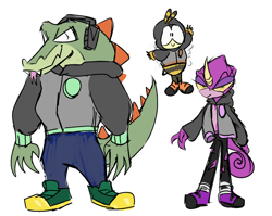 Size: 1280x1020 | Tagged: safe, artist:neapoliting, charmy bee, espio the chameleon, vector the crocodile, alternate outfit, charmabetes, clothes, cute, flapping wings, flying, frown, looking at viewer, looking offscreen, simple background, smile, standing, team chaotix, trio, white background, yellow sclera