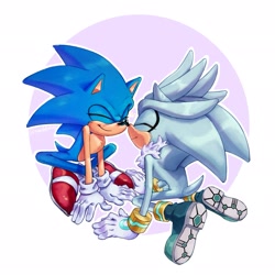 Size: 2048x2048 | Tagged: safe, artist:gunstellations, silver the hedgehog, sonic the hedgehog, 2024, abstract background, blushing, dawww, duo, eyes closed, gay, kneeling, legs crossed, nose boop, noses are touching, outline, shipping, silvabetes, sitting, smile, sonabetes, sonilver