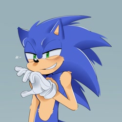 Size: 1537x1536 | Tagged: safe, artist:weiirddudee, sonic the hedgehog, 2024, blue background, looking offscreen, simple background, smile, solo, squinting, star (symbol)