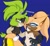 Size: 1304x1194 | Tagged: safe, artist:hedgester, surge the tenrec, whisper the wolf, tenrec, wolf, 2024, blue background, blushing, cleavage, clenched teeth, duo, female, frown, grabbing tail, lesbian, lidded eyes, looking at each other, shipping, signature, simple background, smile, squinting, standing, whisper x surge
