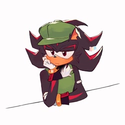 Size: 1280x1280 | Tagged: safe, artist:dexter30917, shadow the hedgehog, the murder of sonic the hedgehog, 2024, bandaid, blushing, chipped ear, frown, head rest, lidded eyes, looking offscreen, signature, simple background, sitting, solo, white background