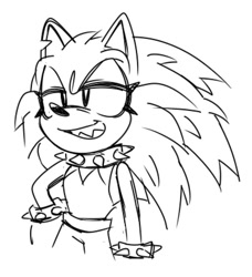 Size: 750x822 | Tagged: safe, artist:son1c, sonic the hedgehog, alignment swap, alternate outfit, alternate universe, clenched teeth, evil sonic, eyelashes, lidded eyes, line art, looking offscreen, messy hair, pants, sharp teeth, simple background, sketch, smile, solo, spiked bracelet, spiked collar, standing, tank top, white background