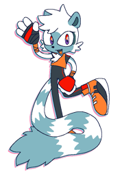 Size: 535x750 | Tagged: safe, artist:scrapbun, tangle the lemur, clenched fist, lesbian, lesbian pride, limited palette, looking at viewer, mouth open, pride, simple background, smile, solo, standing on one leg, trans female, trans pride, transgender, transparent background, waving