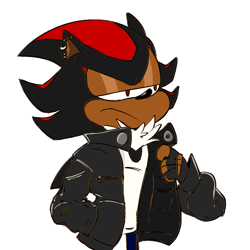 Size: 1000x1000 | Tagged: safe, artist:whathuhh, shadow the hedgehog, alternate outfit, biker jacket, ear piercing, earring, fingerless gloves, frown, hand in pocket, lidded eyes, looking offscreen, shirt, simple background, solo, standing, white background