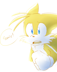 Size: 1280x1635 | Tagged: safe, artist:alomaire, miles "tails" prower, clenched fist, dialogue, floppy ears, implied sonic, looking offscreen, mouth open, simple background, solo, white background