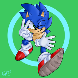 Size: 800x800 | Tagged: safe, artist:doubleboostz, sonic the hedgehog, 2020, abstract background, falling, looking at viewer, mid-air, posing, signature, smile, solo, speedpaint available, speedpaint in description, v sign, wink