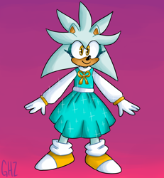 Size: 850x920 | Tagged: safe, artist:doubleboostz, silver the hedgehog, alternate outfit, crossdressing, cute, dress, eyelashes, femboy, gradient background, looking at viewer, signature, silvabetes, smile, solo, standing