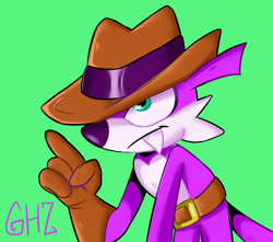 Size: 600x530 | Tagged: safe, artist:doubleboostz, nack the weasel, 2020, green fur, looking offscreen, looking up, one fang, pointing, signature, simple background, solo