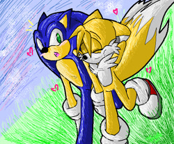 Size: 602x499 | Tagged: safe, artist:dog-it-dude, miles "tails" prower, sonic the hedgehog, 2011, abstract background, arms behind head, blushing, daytime, duo, floppy ears, gay, grass, heart, looking at them, mouth open, outdoors, shipping, smile, sonic x tails, walking