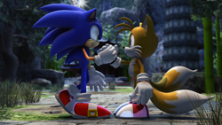 Size: 2048x1152 | Tagged: safe, artist:itshelias94, miles "tails" prower, sonic the hedgehog, 2012, 3d, abstract background, daytime, duo, grass, holding each other, looking at each other, outdoors, smile, standing, standing on one leg