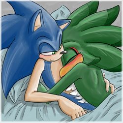 Size: 600x600 | Tagged: safe, artist:carriepika, jet the hawk, sonic the hedgehog, 2007, bed, blushing, duo, eyes closed, gay, gloves off, indoors, jet x sonic, lidded eyes, looking at them, lying down, lying on them, shipping, sitting, snuggling