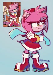 Size: 1184x1684 | Tagged: safe, artist:skylooms, amy rose, 2024, angry, arms folded, cheek fluff, frown, grey background, lidded eyes, looking offscreen, redraw, scarf, signature, simple background, smile, solo, standing