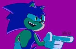 Size: 1218x792 | Tagged: safe, artist:guardanato, sonic the hedgehog, 2023, hand on hip, looking offscreen, mouth open, one fang, pointing, purple background, signature, simple background, smile, solo, standing