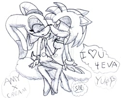 Size: 960x780 | Tagged: safe, artist:speed-blue-lazer, amy rose, cream the rabbit, 2013, amream, blushing, cute, dialogue, duo, english text, eyes closed, greyscale, lesbian, looking at them, monochrome, shipping, signature, sitting, smile, traditional media